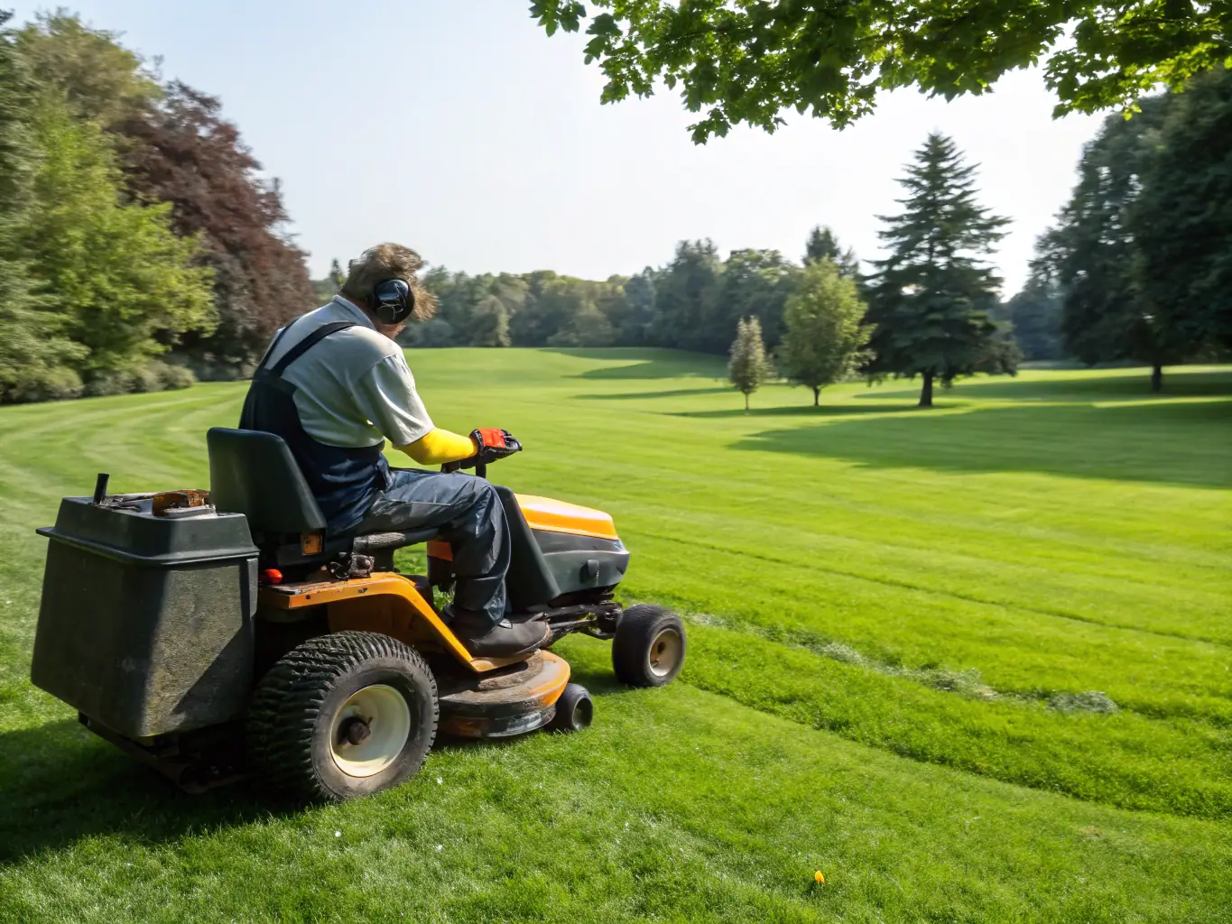 A lush, green lawn being mowed by a professional technician with equipment, showcasing a well-maintained yard.