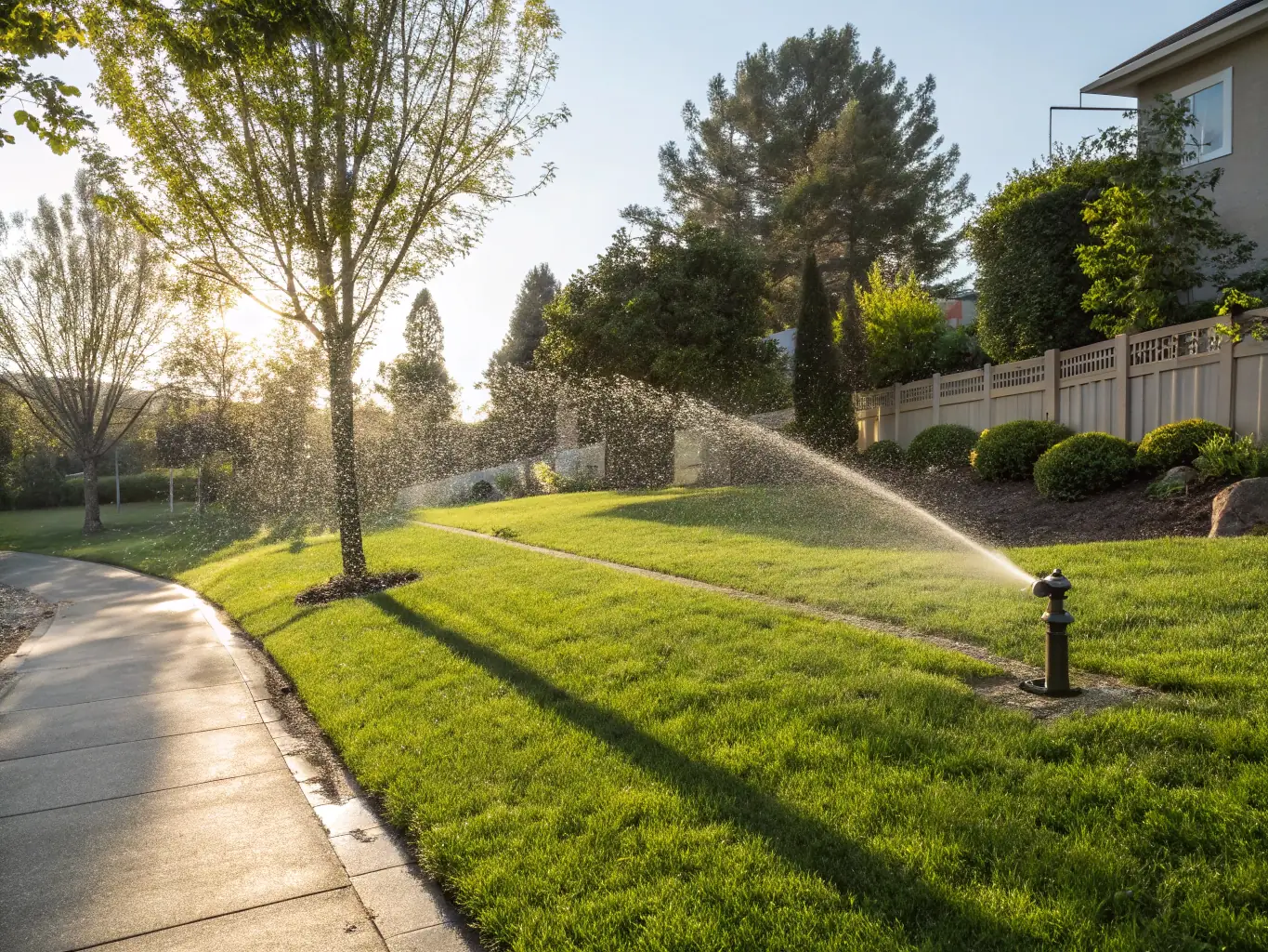 An automated sprinkler system watering a vibrant lawn, with visible drainage features.