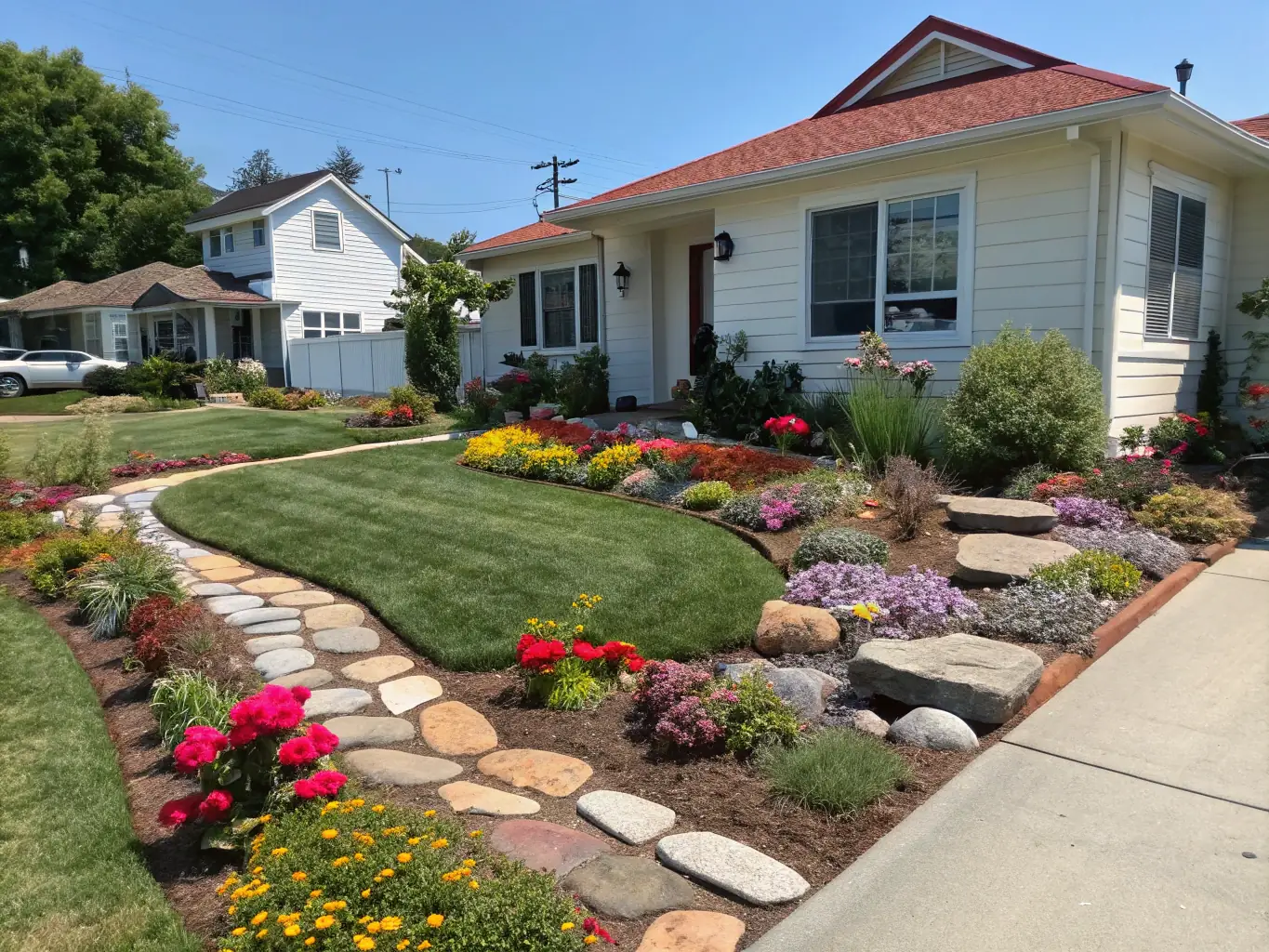 A beautifully landscaped yard with flower beds, shrubs, and decorative stones, illustrating transformation.
